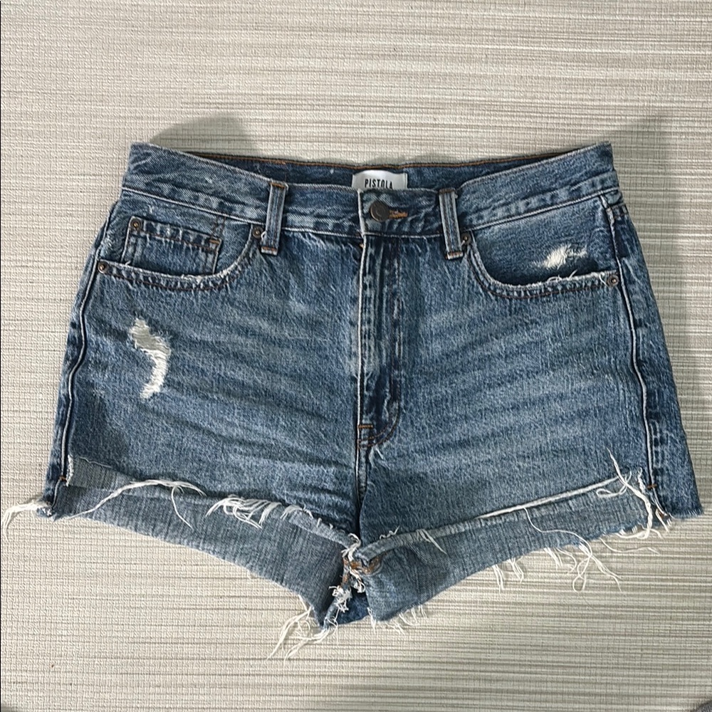 Pistola Blue Distressed Jean Shorts High-Waisted